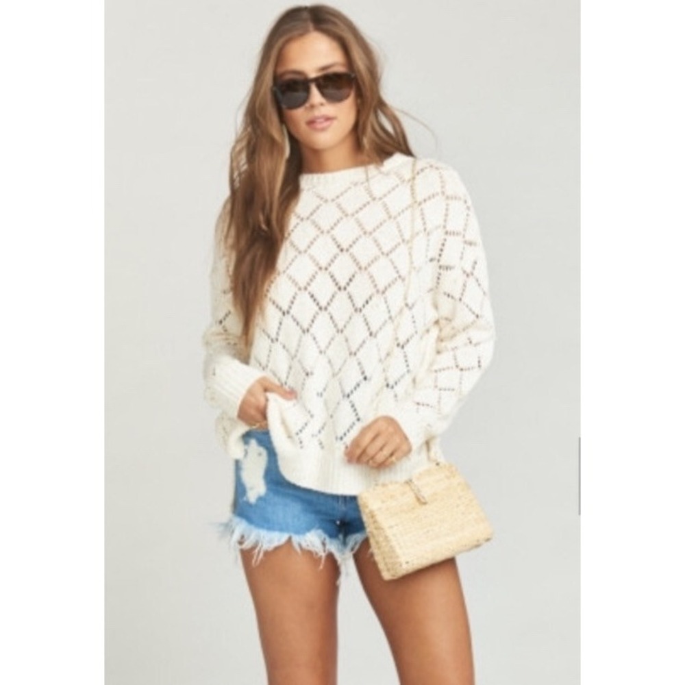 Boho Cream Knit Sweater Diamond Open Weave Long‎ Sleeve Pullover Top